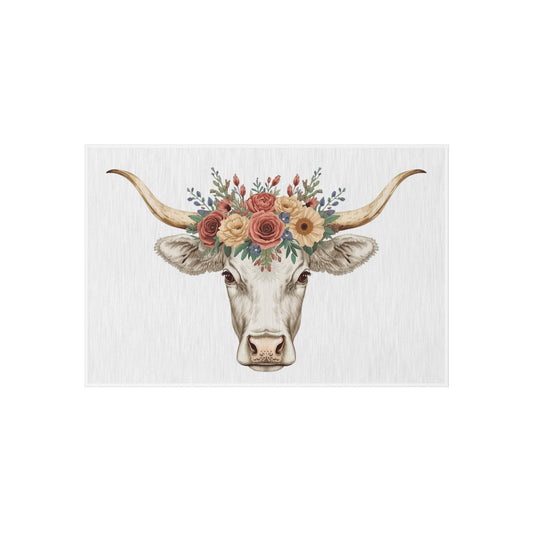 Floral Longhorn Cow Outdoor Rug | Farmhouse Boho Patio Mat