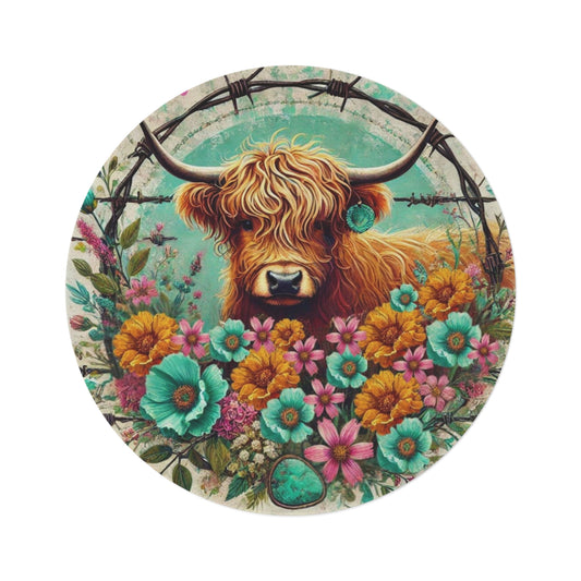 Highland Cow Floral Round Rug — Colorful Rustic Farmhouse Floor Decor