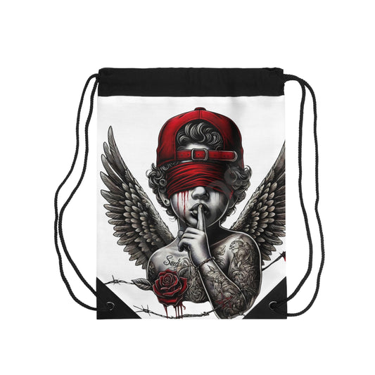 Winged Skull with Red Cap Drawstring Bag | Angel Wings Shh Graphic