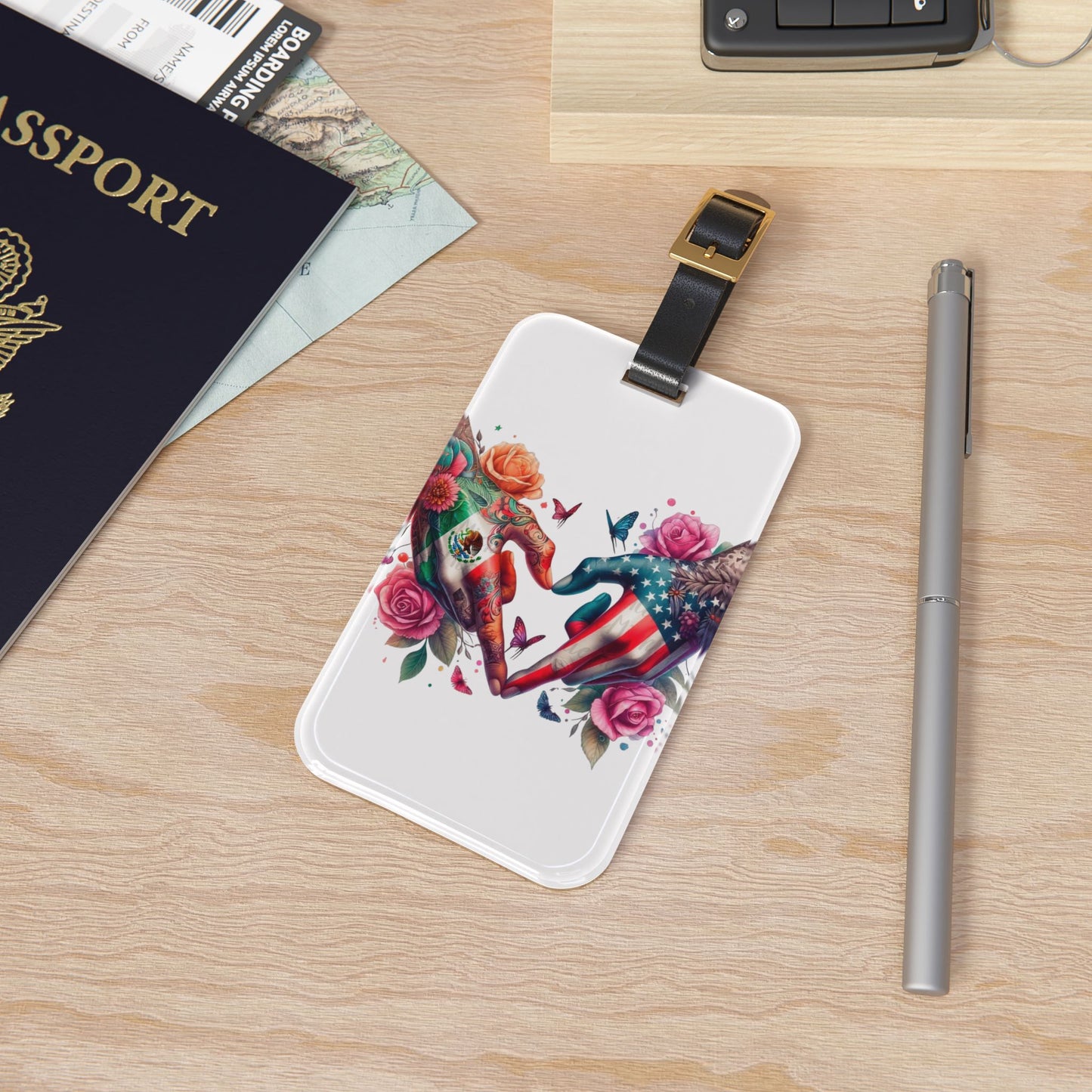 American Floral Heart Luggage Tag – Patriotic Hand Heart Design