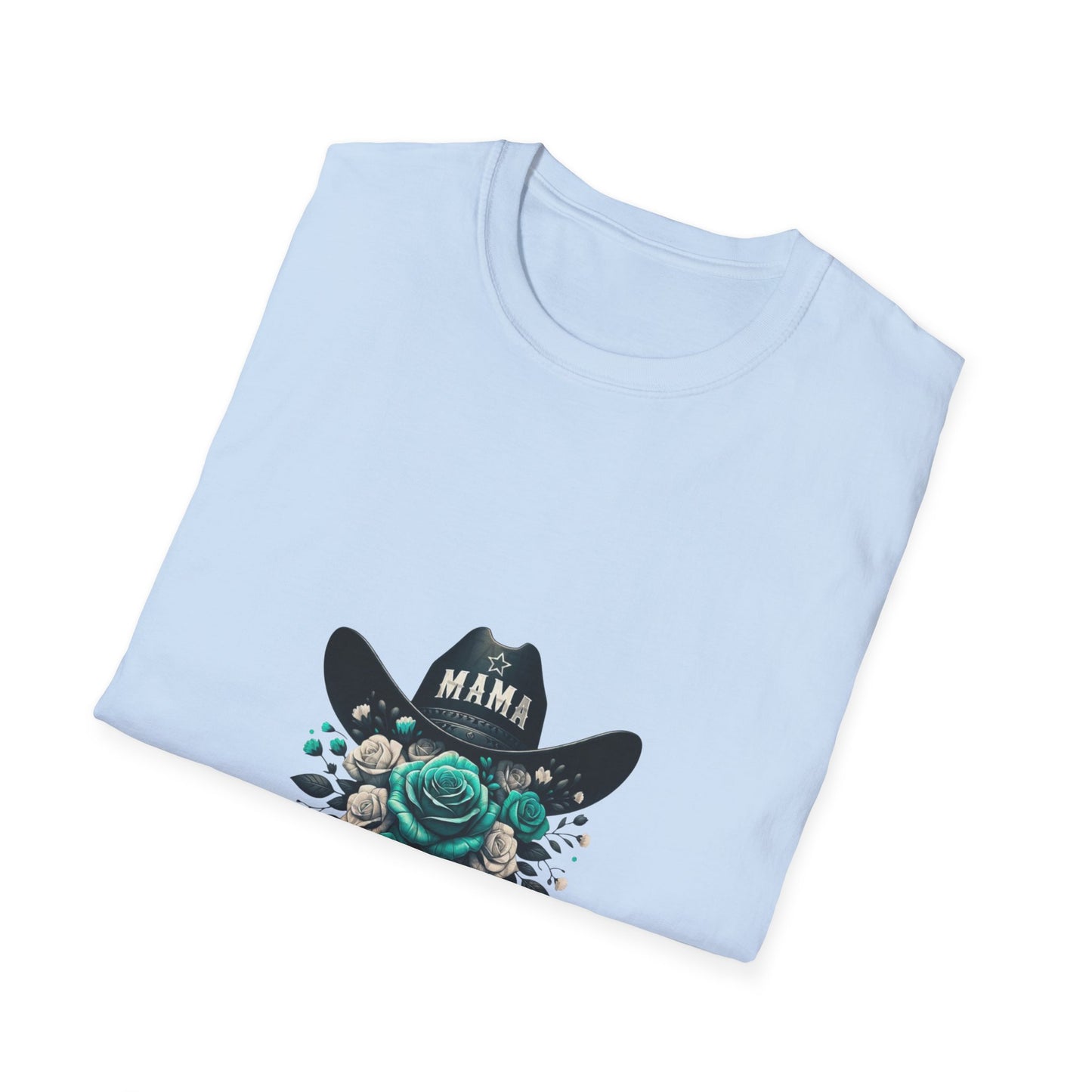 Mama Cowgirl Hat with Teal Rose T-Shirt | Floral Western Mom Tee