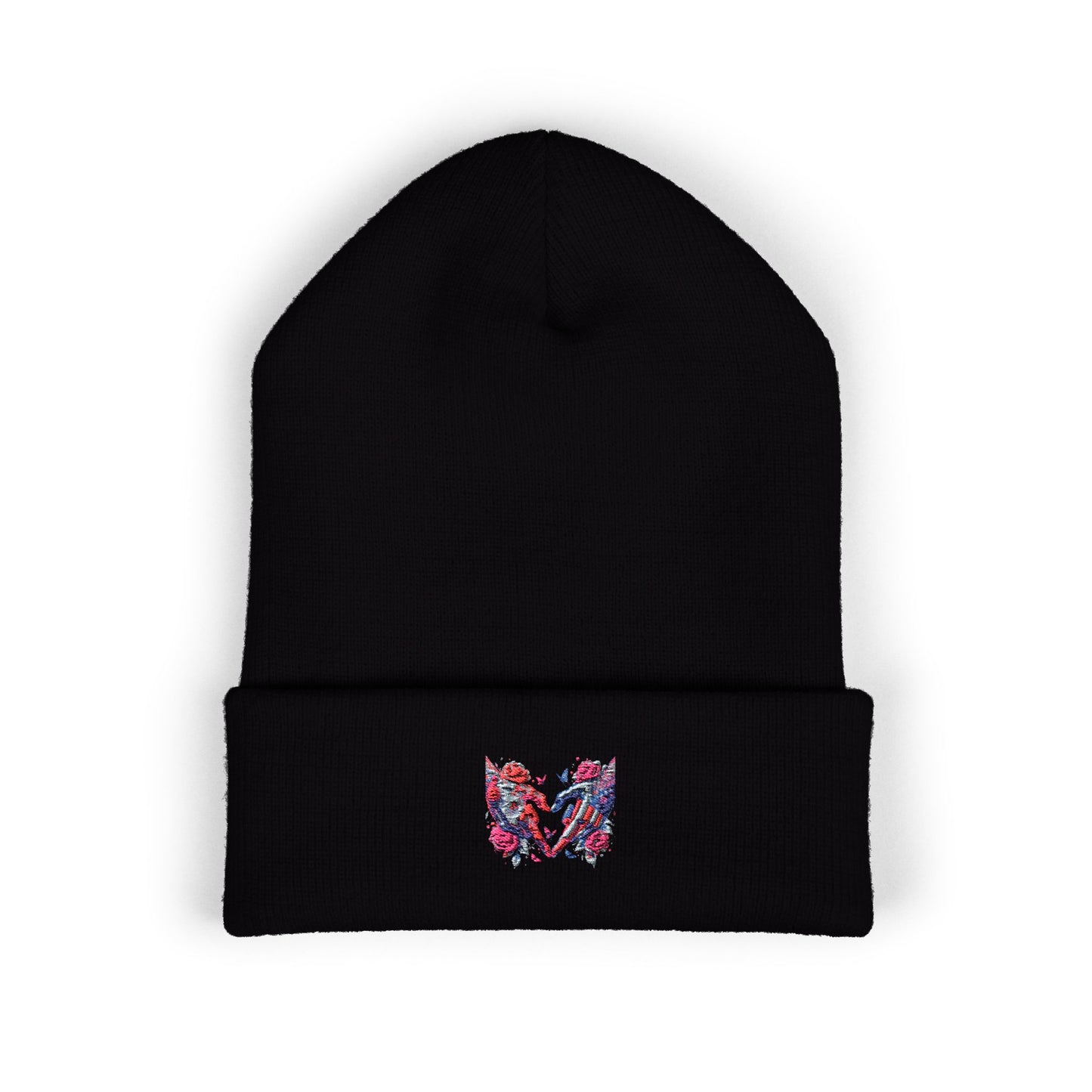 Embroidered Floral Heart Beanie — Classic Cuffed Knit Hat