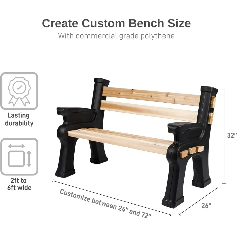 Custom Length Lightweight Indoor or Outdoor Bench Ends with Backrest and Armrest (Wood & Screws Sold Separately), Black