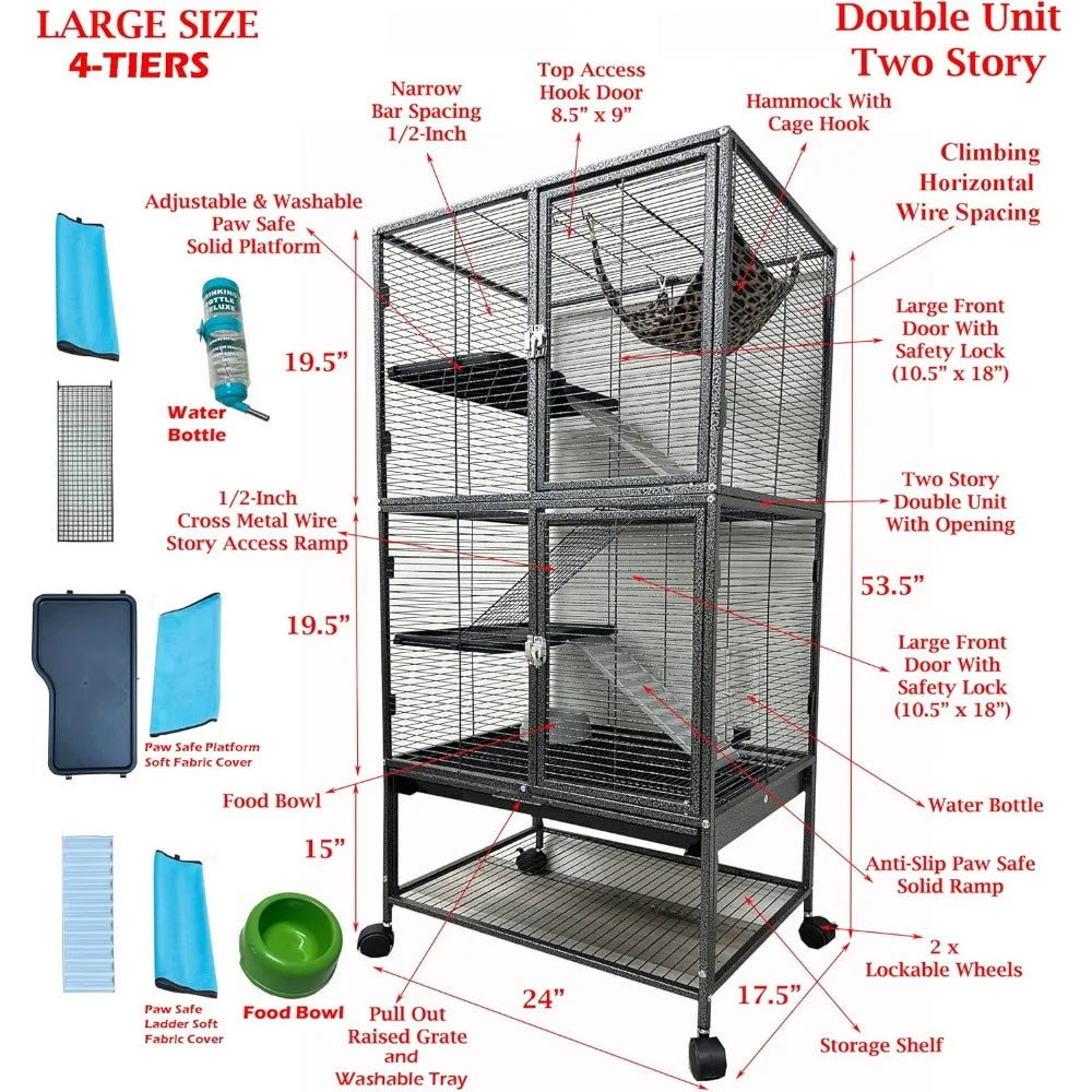 Large Two Full Story Deluxe Double Unit 4-Tiers Tight 1/2-Inch Bar Spacing Durable Front Doors Water Bottle Food Bowl
