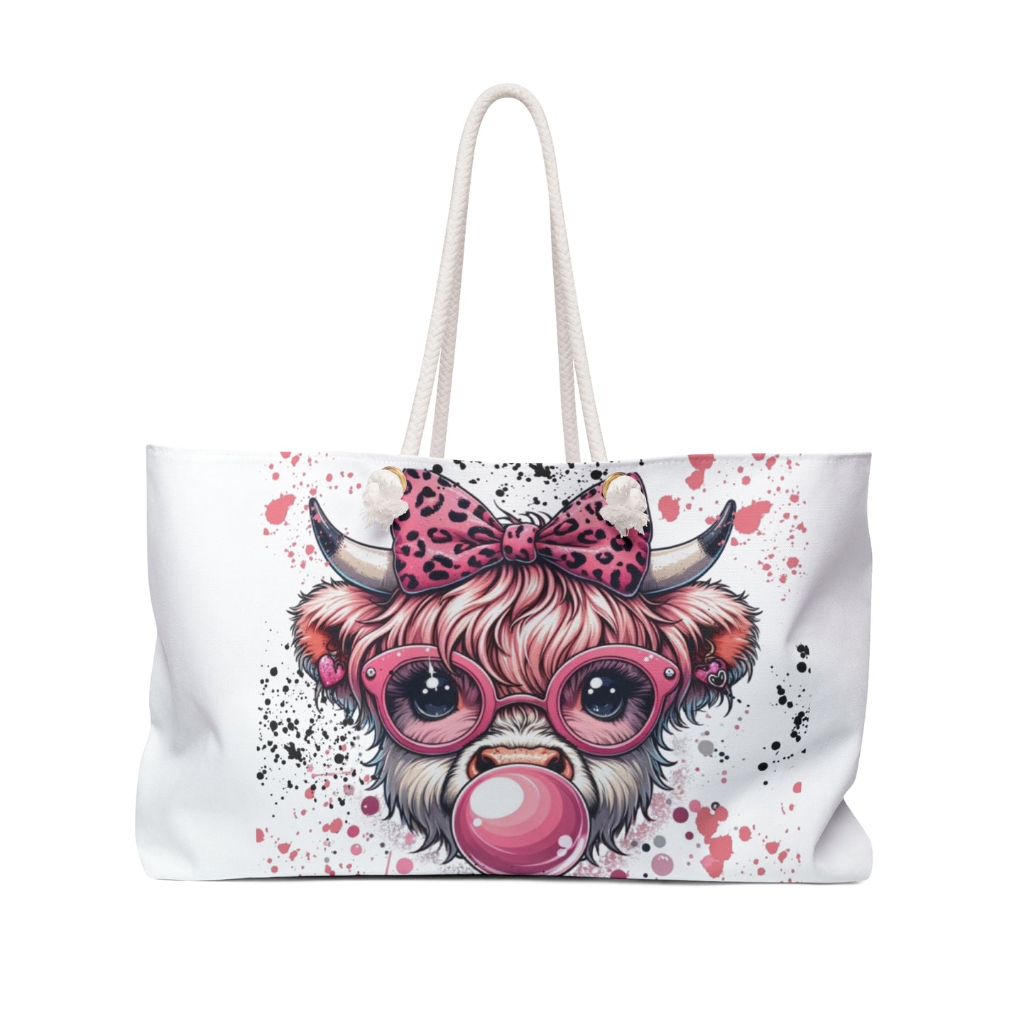 Bubblegum Cow Weekender Bag — Playful Toddler Cow with Pink Bow Sunglasses