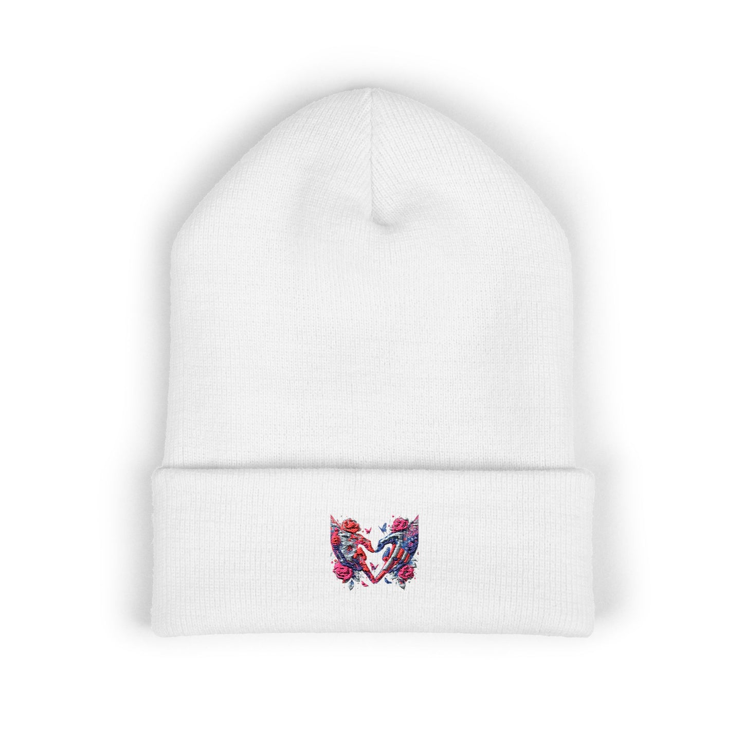 Embroidered Floral Heart Beanie — Classic Cuffed Knit Hat