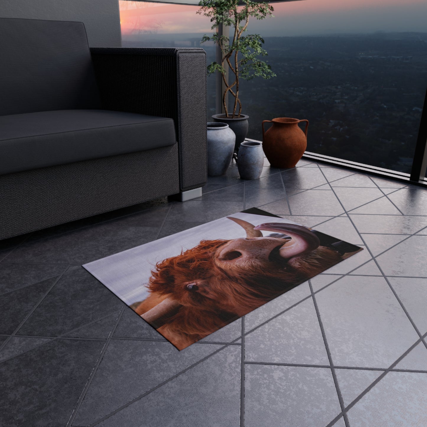 Highland Cow Tongue Photo Outdoor Rug | Funny Farm Animal Doormat