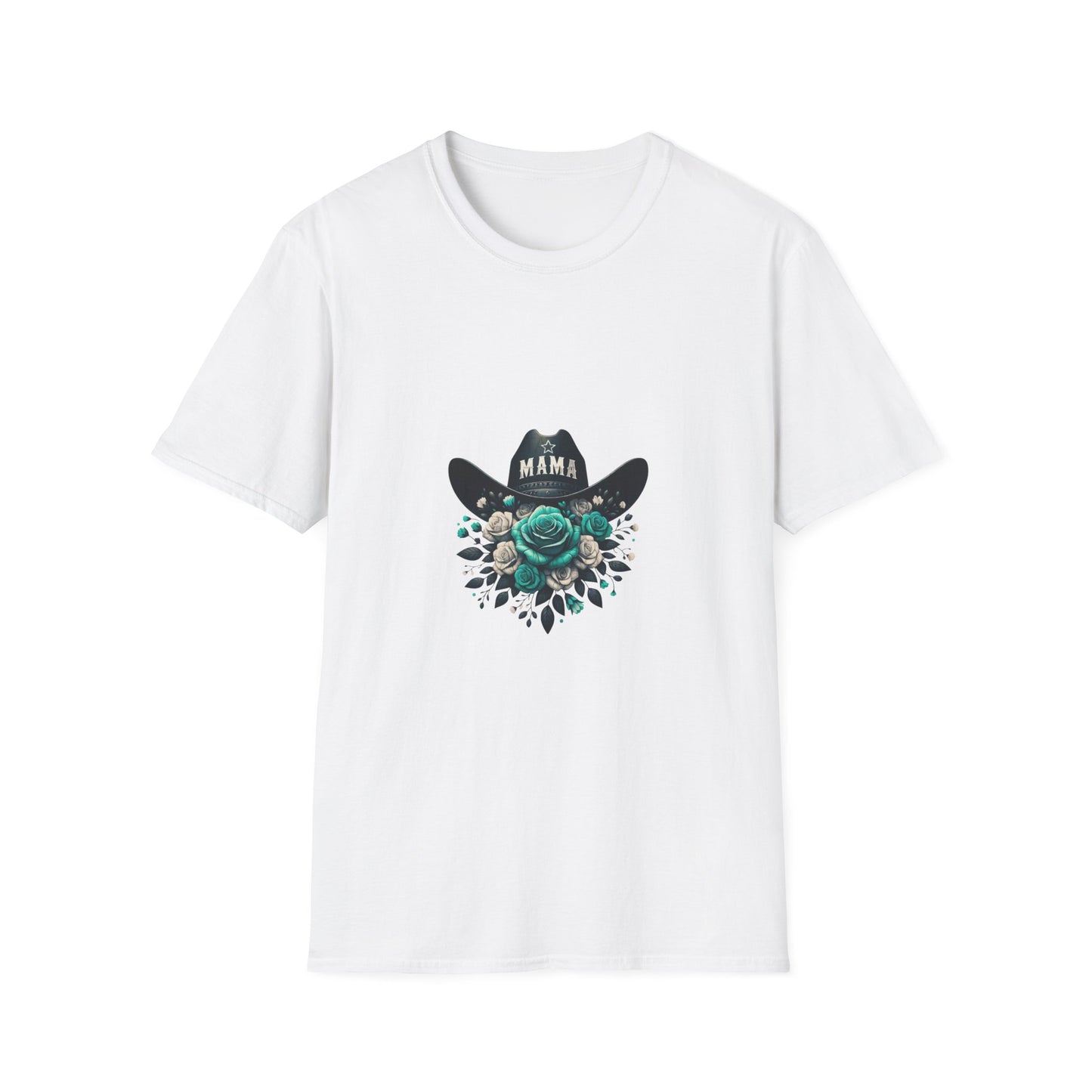 Mama Cowgirl Hat with Teal Rose T-Shirt | Floral Western Mom Tee