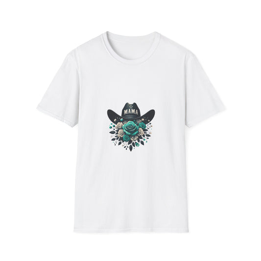 Mama Cowgirl Hat with Teal Rose T-Shirt | Floral Western Mom Tee