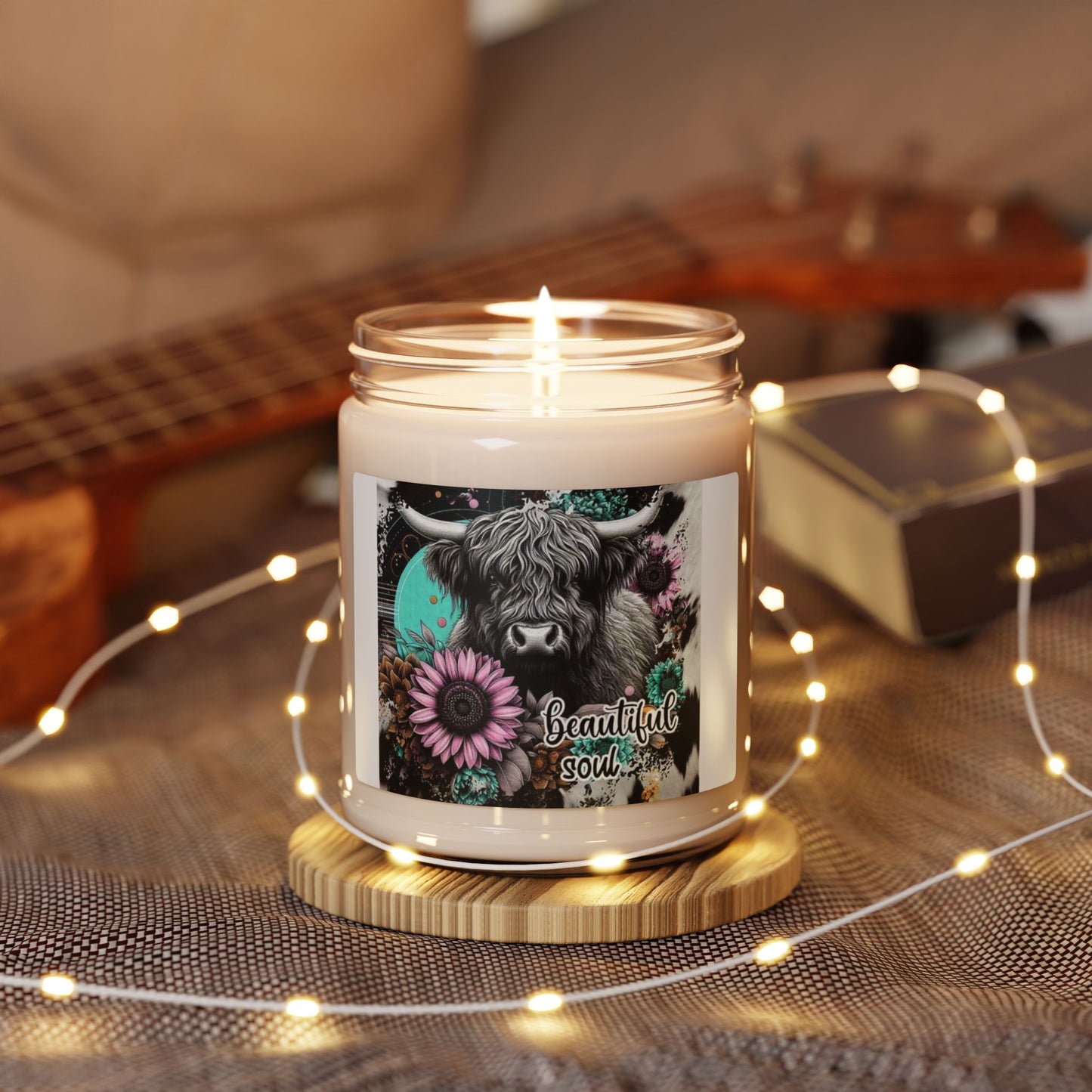 Highland Cow Floral 'Beautiful Soul' Candle, Soy Jar 9oz