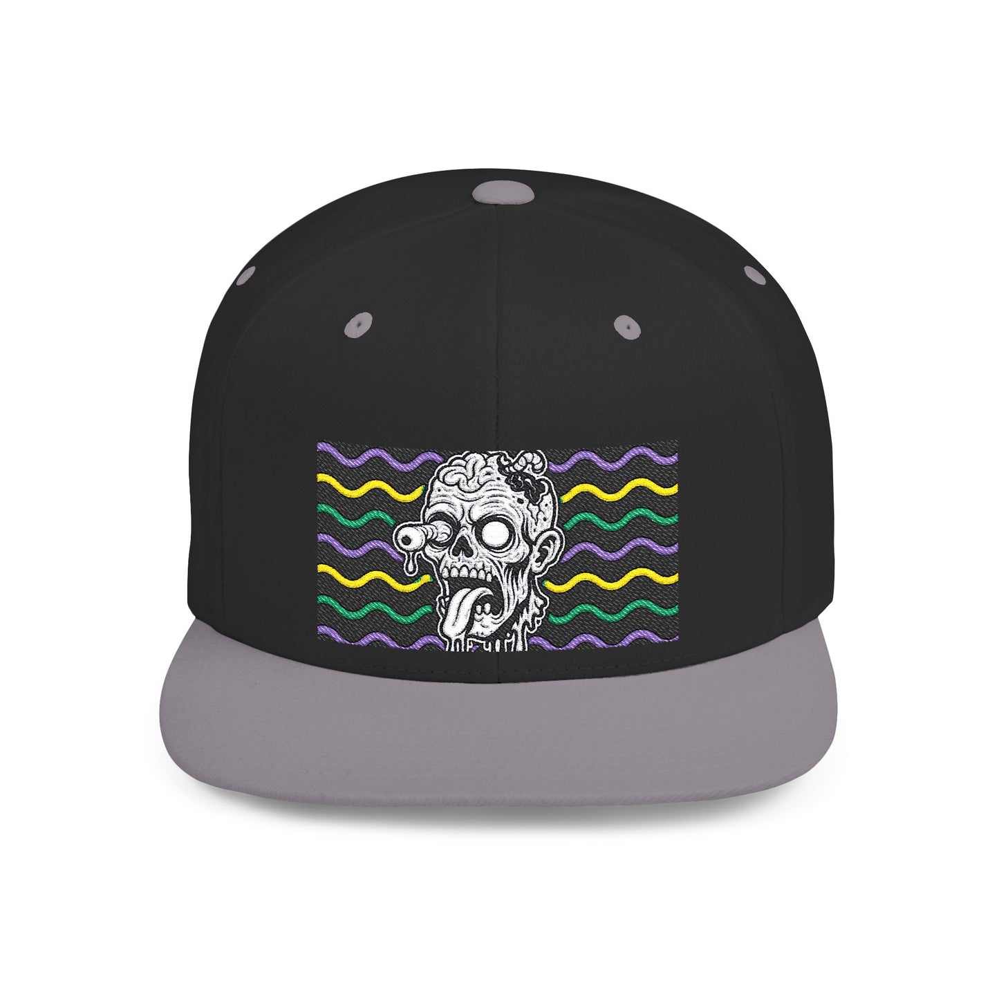 Zombie Wave Snapback Hat — Retro Neon Skull Flat-Bill Cap