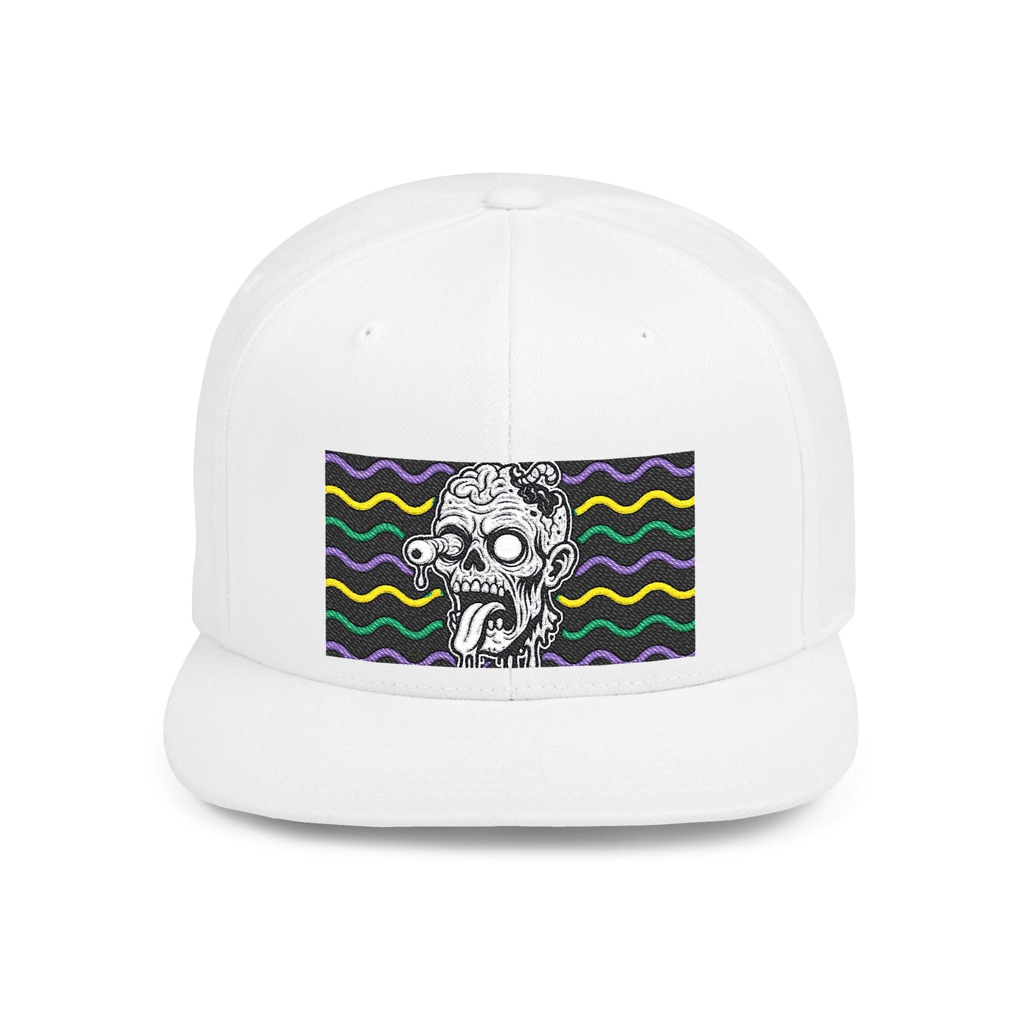 Zombie Wave Snapback Hat — Retro Neon Skull Flat-Bill Cap