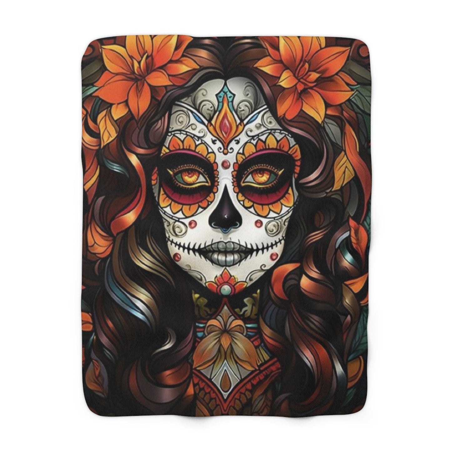 Sugar Skull Woman Sherpa Fleece Blanket | Dia de los Muertos Floral Throw
