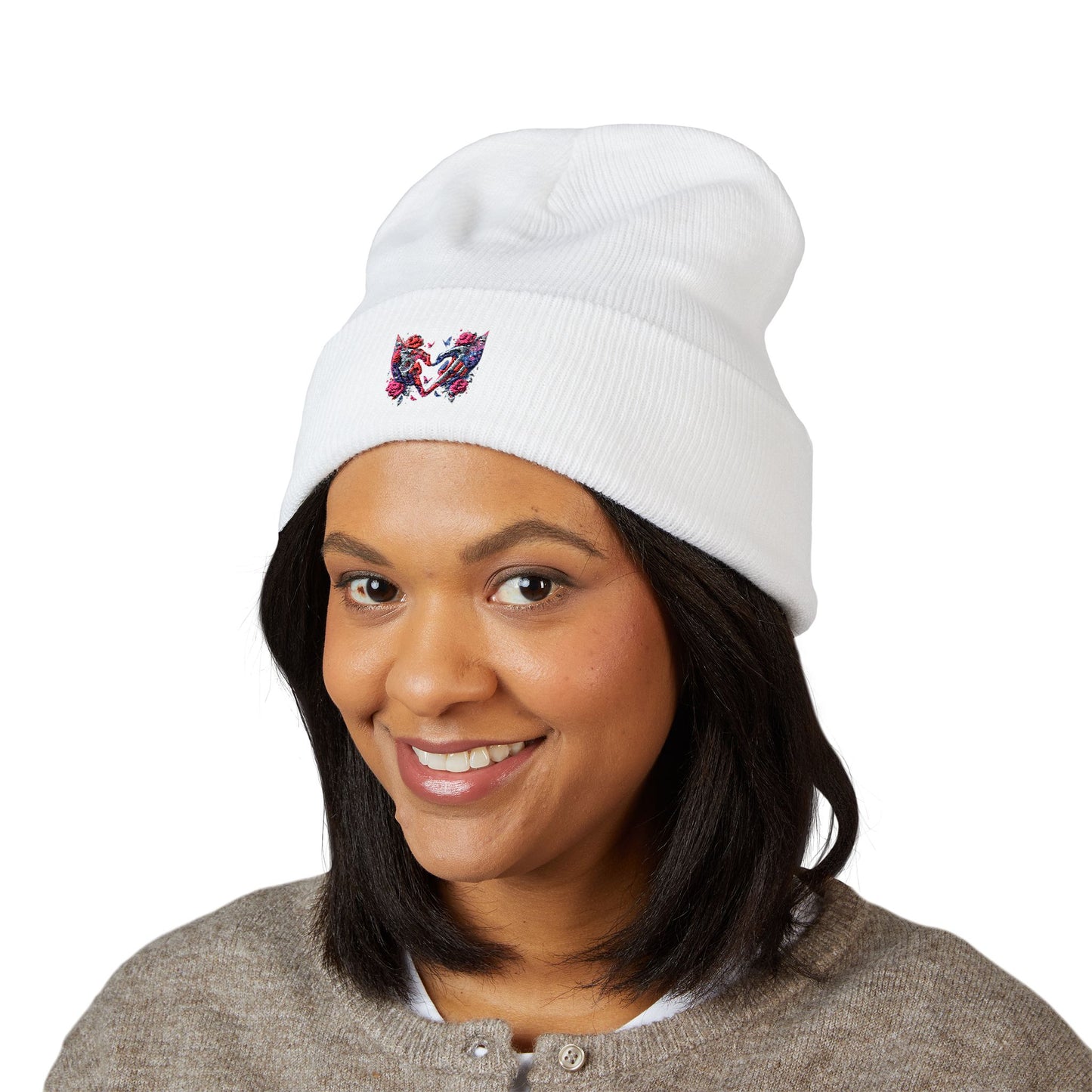 Embroidered Floral Heart Beanie — Classic Cuffed Knit Hat