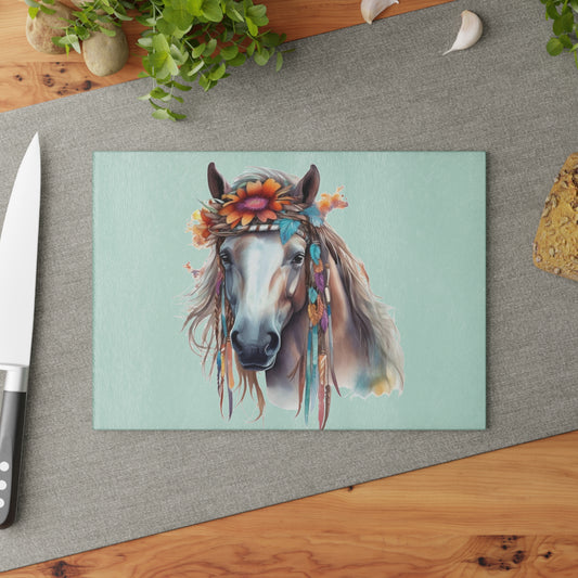 Boho Horse Floral Feathered Stallion Glass Cutting Board