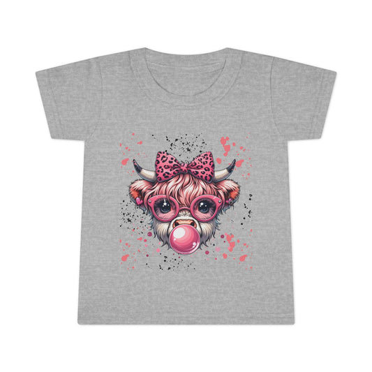 Bubblegum Cow toddler t-shirt | pink bow sunglasses playful farm animal