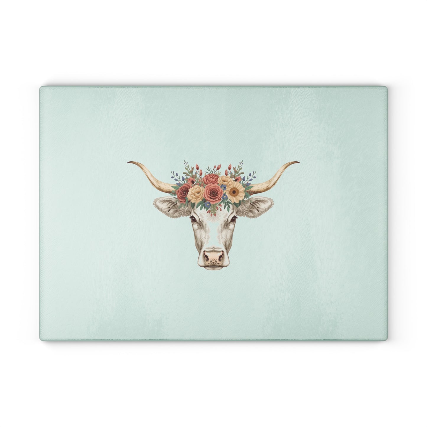 Floral Horn Cow Glass Cutting Board | Farmhouse Kitchen Decor