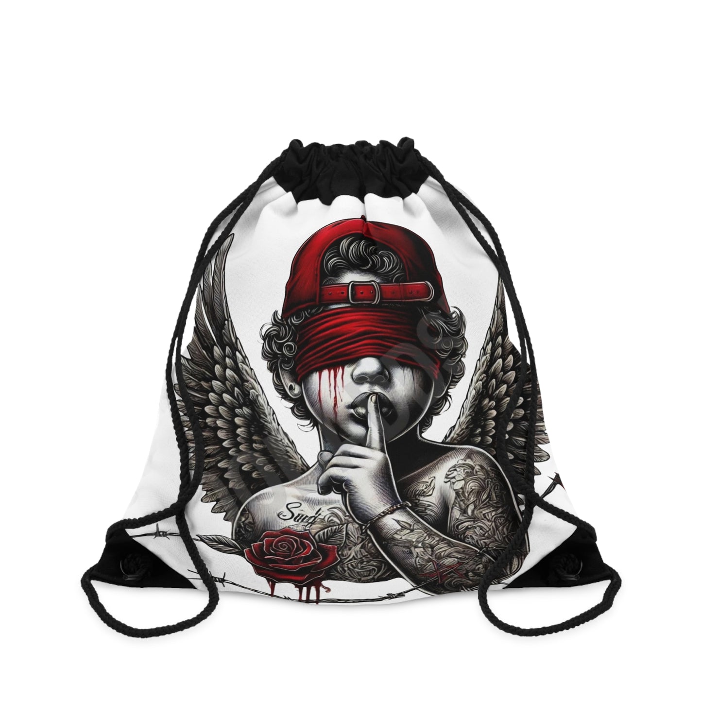 Winged Skull with Red Cap Drawstring Bag | Angel Wings Shh Graphic
