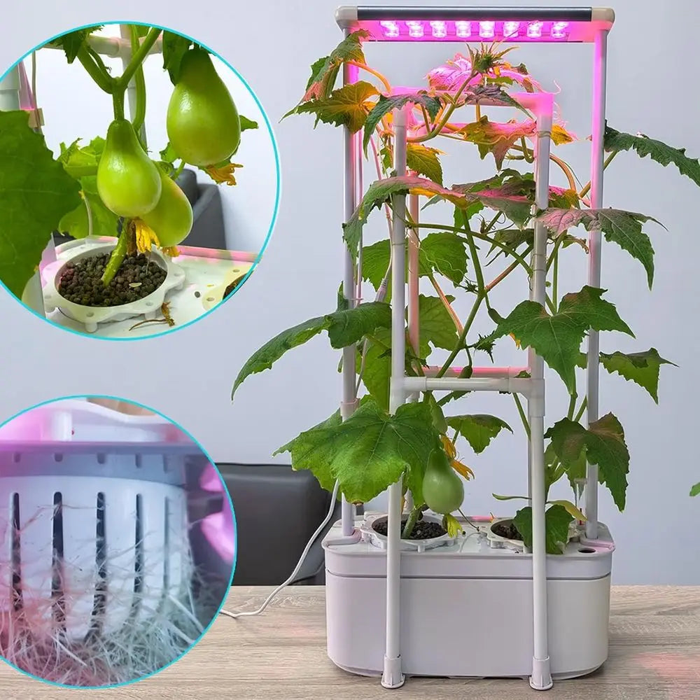Indoor Vertical Hydroponic System with LED Lighting for Growing Tomatoes, Peppers, and Cucumbers