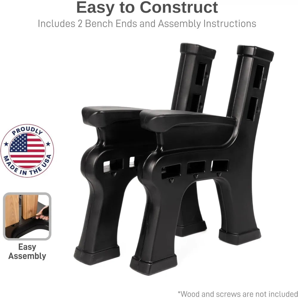 Custom Length Lightweight Indoor or Outdoor Bench Ends with Backrest and Armrest (Wood & Screws Sold Separately), Black